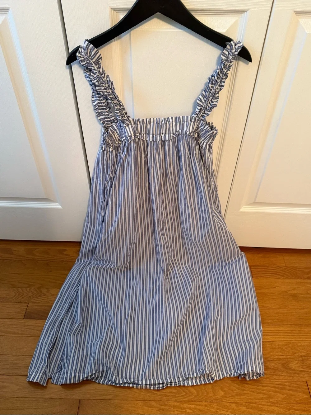 J.Crew Cotton Voile Ruffle Trim Shift Midi Dress in Blue and White Pinstripes